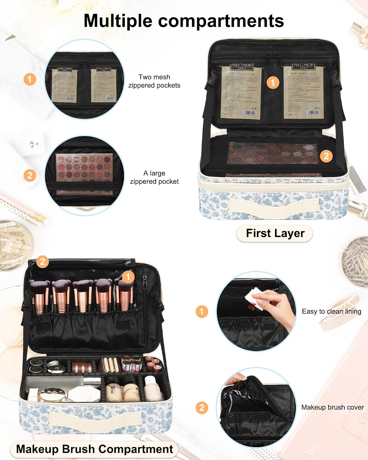 Makeup Bag Travel Makeup Train Case Large Cosmetic Case Professional Portable Makeup Brush Holder Organizer and Storage with Adjustable Dividers and Shoulder Strap Black