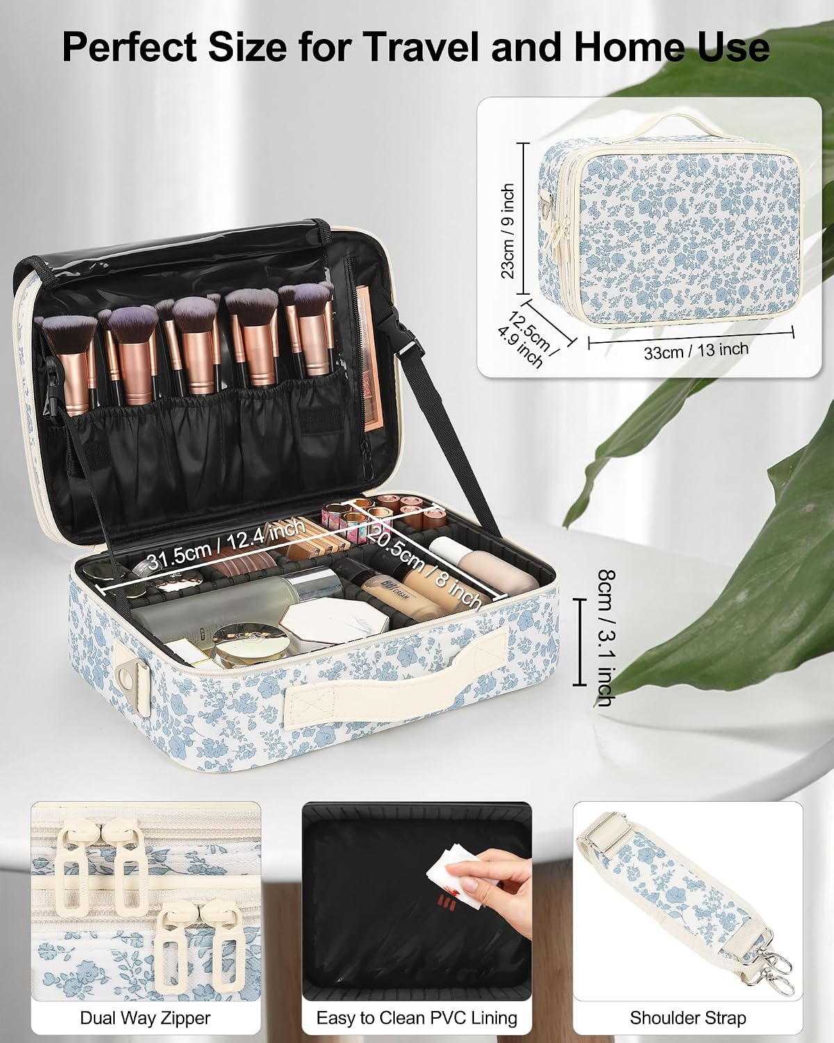 Makeup Bag Travel Makeup Train Case Large Cosmetic Case Professional Portable Makeup Brush Holder Organizer and Storage with Adjustable Dividers and Shoulder Strap Black
