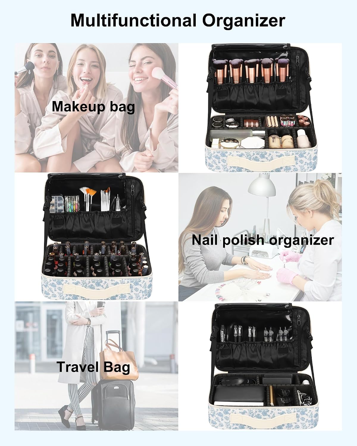 Makeup Bag Travel Makeup Train Case Large Cosmetic Case Professional Portable Makeup Brush Holder Organizer and Storage with Adjustable Dividers and Shoulder Strap Black