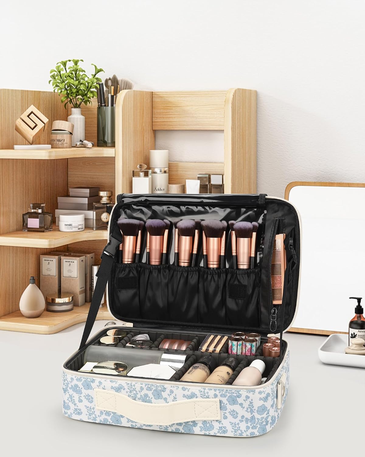 Makeup Bag Travel Makeup Train Case Large Cosmetic Case Professional Portable Makeup Brush Holder Organizer and Storage with Adjustable Dividers and Shoulder Strap Black