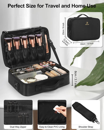 Makeup Bag Travel Makeup Train Case Large Cosmetic Case Professional Portable Makeup Brush Holder Organizer and Storage with Adjustable Dividers and Shoulder Strap Black