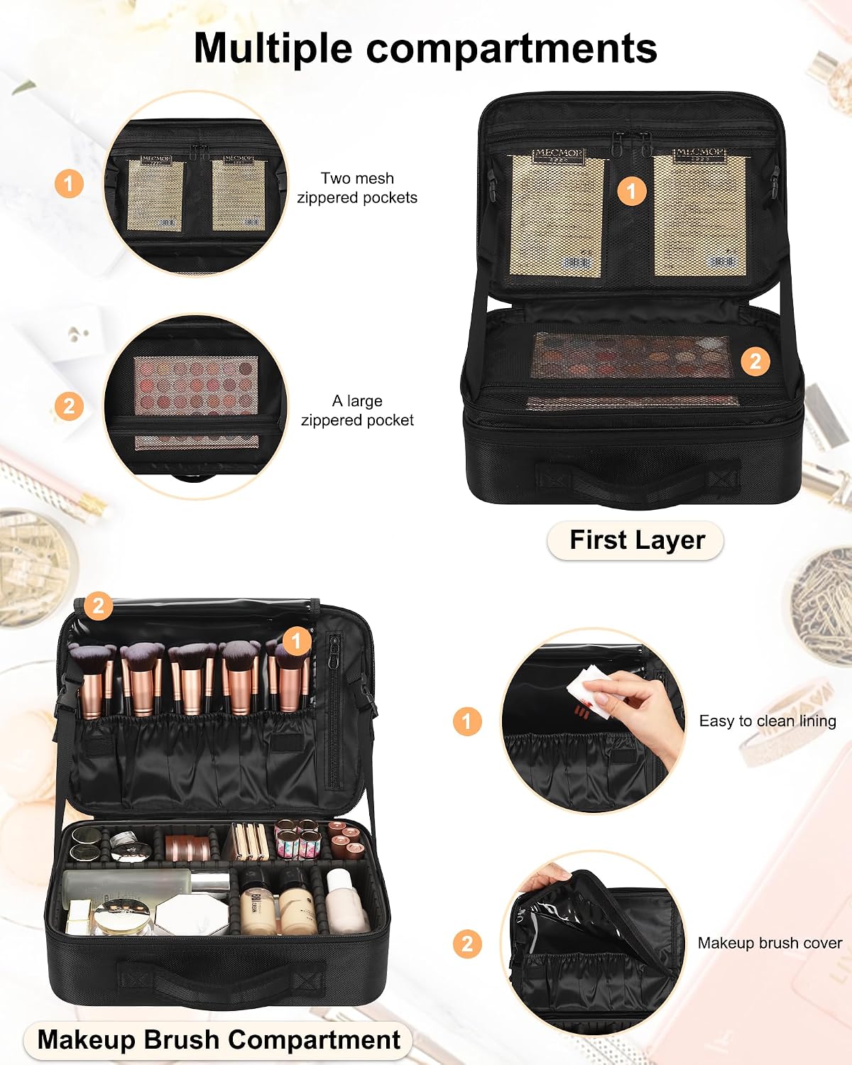 Makeup Bag Travel Makeup Train Case Large Cosmetic Case Professional Portable Makeup Brush Holder Organizer and Storage with Adjustable Dividers and Shoulder Strap Black