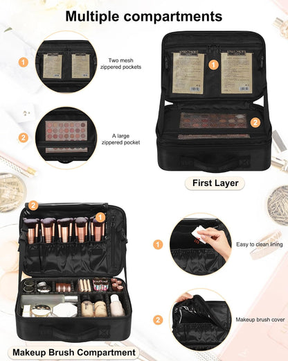 Makeup Bag Travel Makeup Train Case Large Cosmetic Case Professional Portable Makeup Brush Holder Organizer and Storage with Adjustable Dividers and Shoulder Strap Black