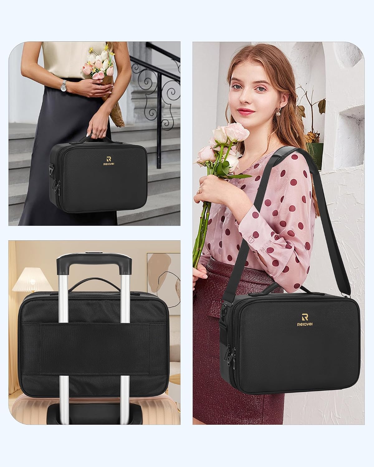 Makeup Bag Travel Makeup Train Case Large Cosmetic Case Professional Portable Makeup Brush Holder Organizer and Storage with Adjustable Dividers and Shoulder Strap Black