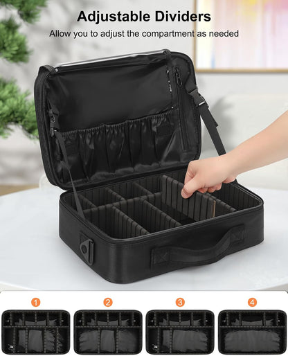 Makeup Bag Travel Makeup Train Case Large Cosmetic Case Professional Portable Makeup Brush Holder Organizer and Storage with Adjustable Dividers and Shoulder Strap Black