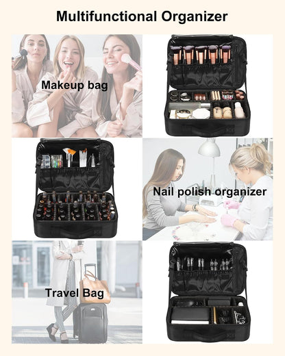 Makeup Bag Travel Makeup Train Case Large Cosmetic Case Professional Portable Makeup Brush Holder Organizer and Storage with Adjustable Dividers and Shoulder Strap Black
