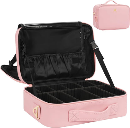 Makeup Bag Travel Makeup Train Case Large Cosmetic Case Professional Portable Makeup Brush Holder Organizer and Storage with Adjustable Dividers and Shoulder Strap Black