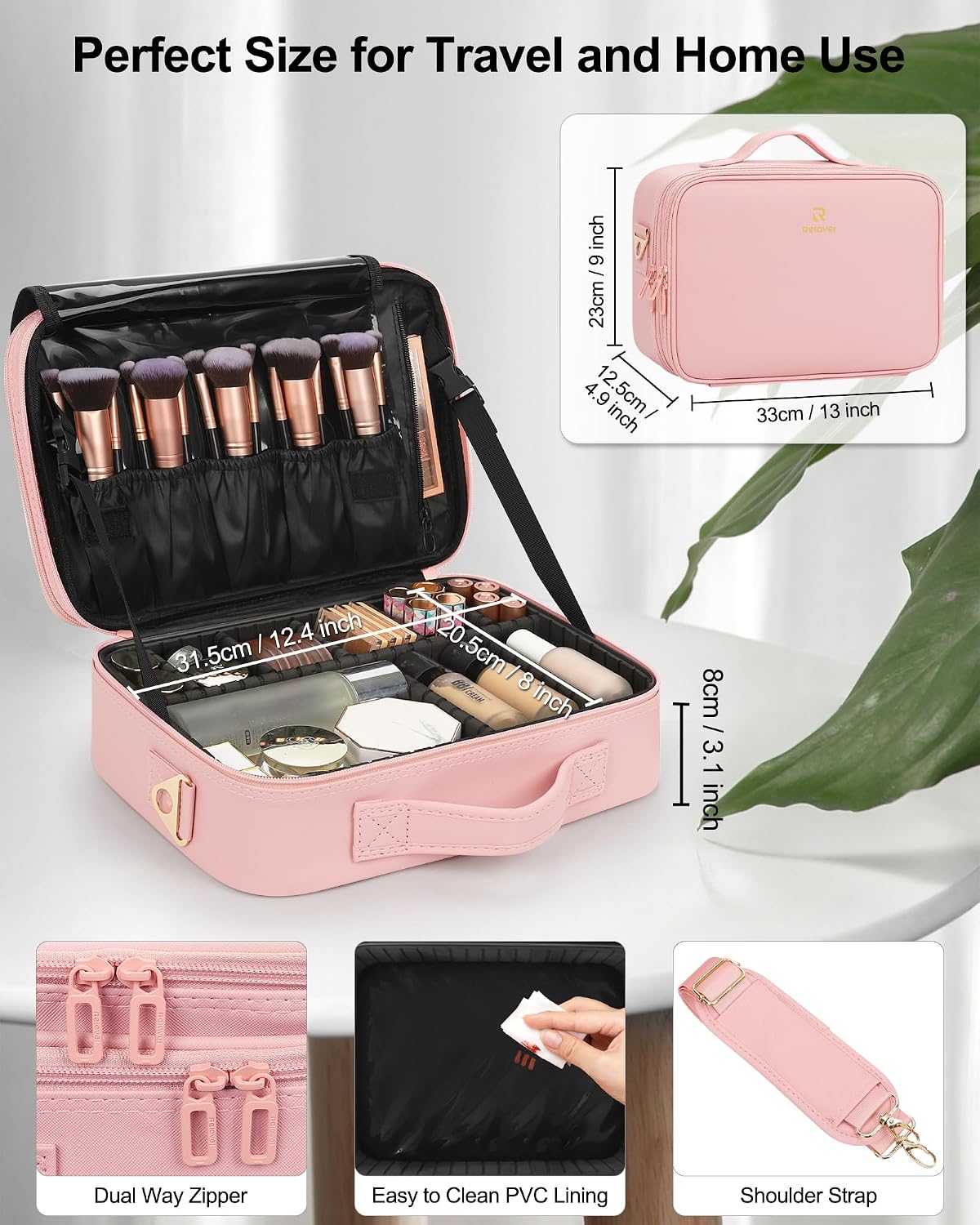 Makeup Bag Travel Makeup Train Case Large Cosmetic Case Professional Portable Makeup Brush Holder Organizer and Storage with Adjustable Dividers and Shoulder Strap Black