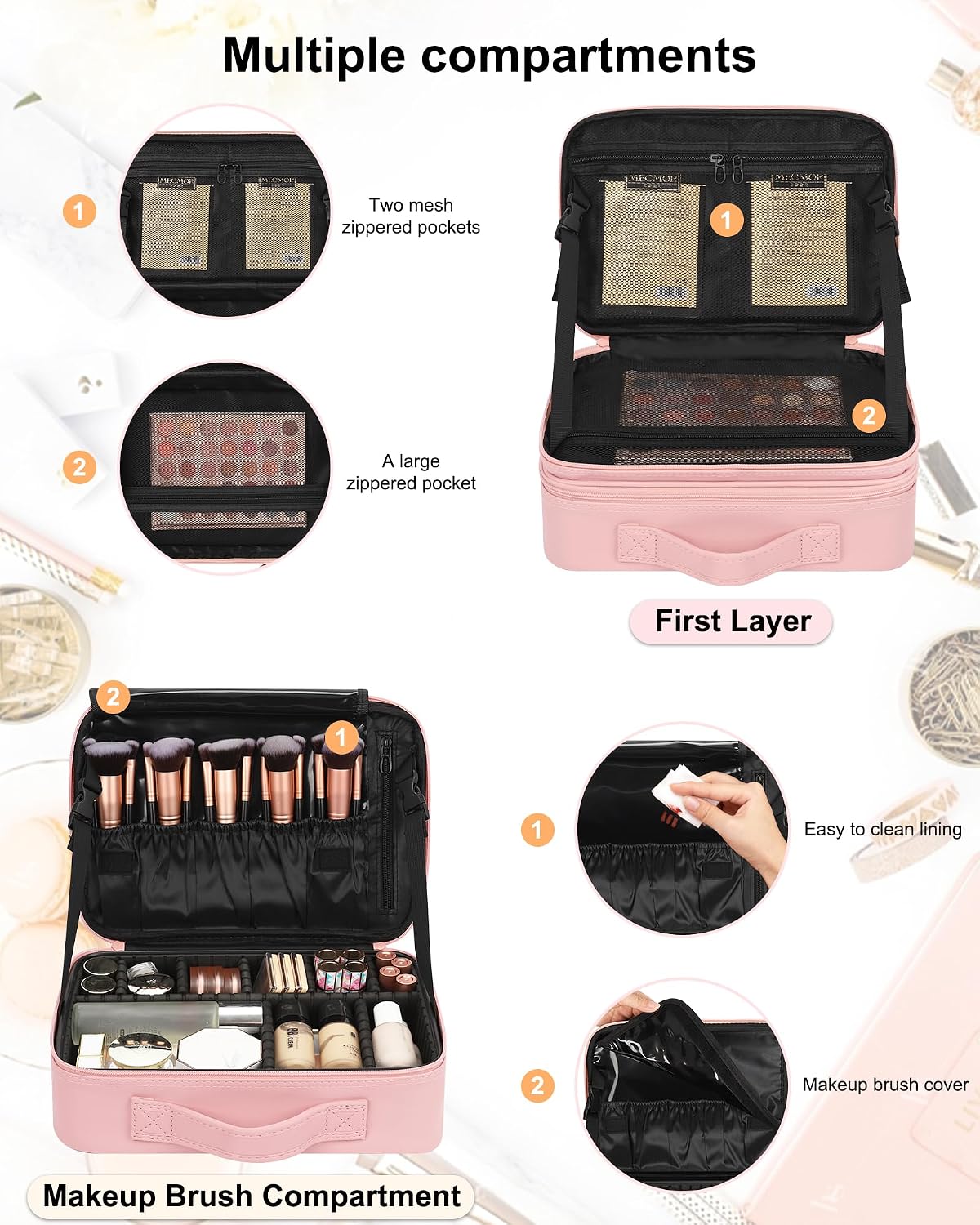Makeup Bag Travel Makeup Train Case Large Cosmetic Case Professional Portable Makeup Brush Holder Organizer and Storage with Adjustable Dividers and Shoulder Strap Black