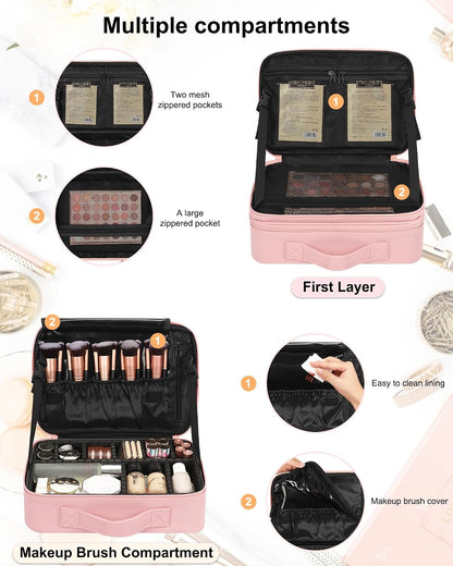 Makeup Bag Travel Makeup Train Case Large Cosmetic Case Professional Portable Makeup Brush Holder Organizer and Storage with Adjustable Dividers and Shoulder Strap Black