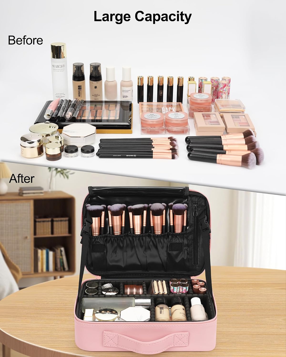 Makeup Bag Travel Makeup Train Case Large Cosmetic Case Professional Portable Makeup Brush Holder Organizer and Storage with Adjustable Dividers and Shoulder Strap Black