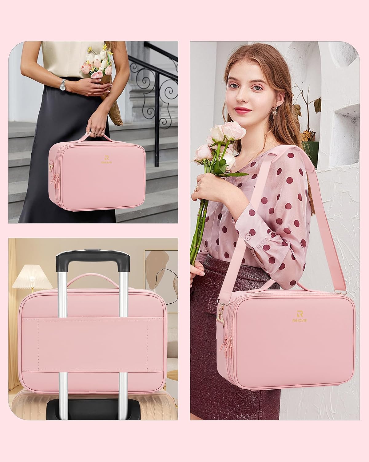 Makeup Bag Travel Makeup Train Case Large Cosmetic Case Professional Portable Makeup Brush Holder Organizer and Storage with Adjustable Dividers and Shoulder Strap Black