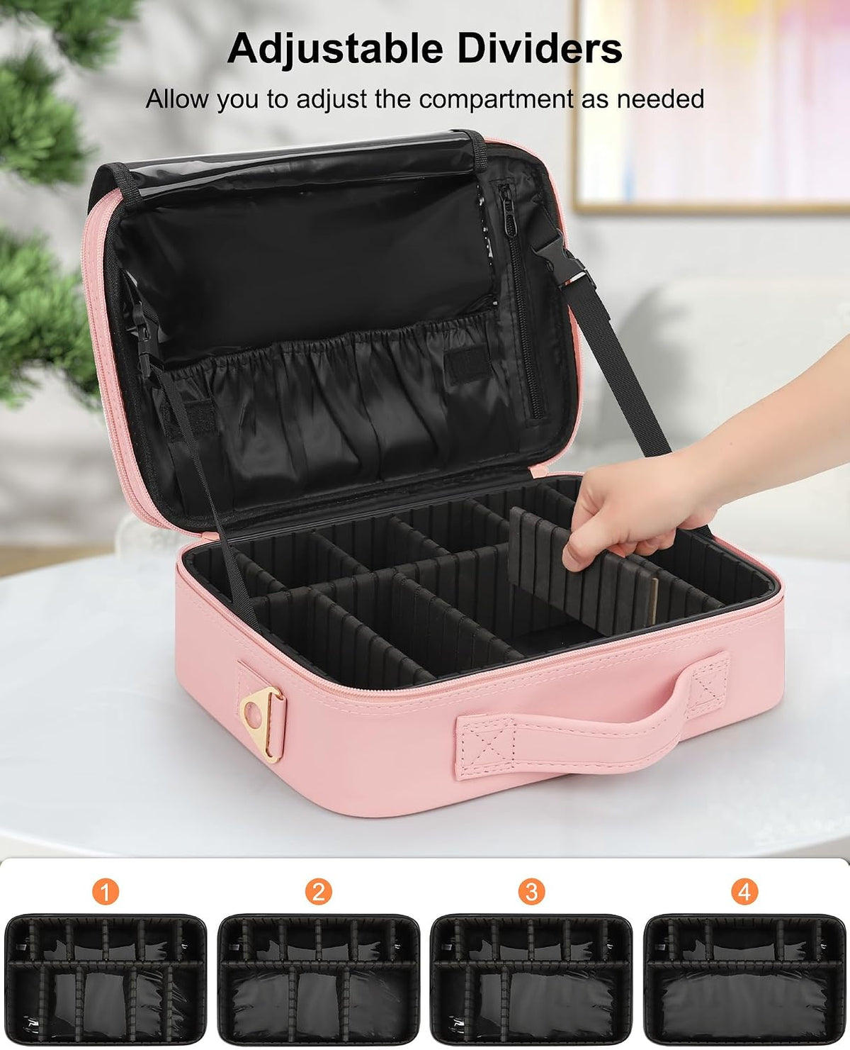 Makeup Bag Travel Makeup Train Case Large Cosmetic Case Professional Portable Makeup Brush Holder Organizer and Storage with Adjustable Dividers and Shoulder Strap Black