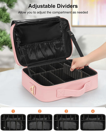 Makeup Bag Travel Makeup Train Case Large Cosmetic Case Professional Portable Makeup Brush Holder Organizer and Storage with Adjustable Dividers and Shoulder Strap Black