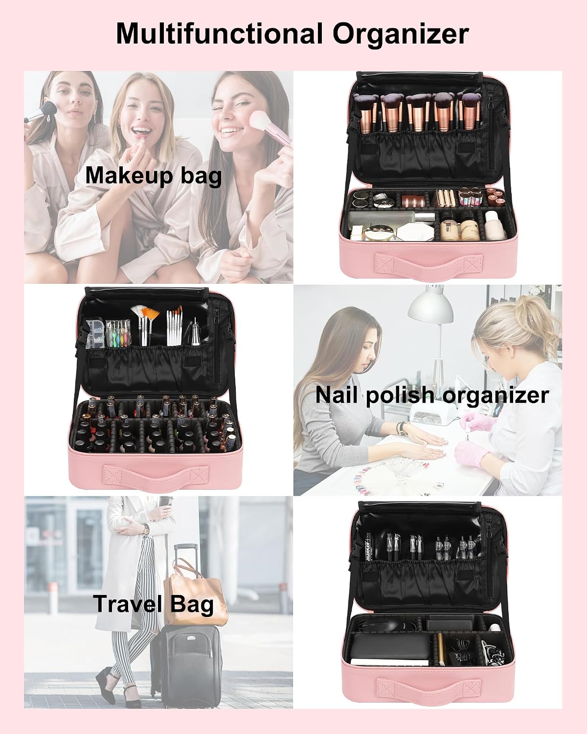 Makeup Bag Travel Makeup Train Case Large Cosmetic Case Professional Portable Makeup Brush Holder Organizer and Storage with Adjustable Dividers and Shoulder Strap Black