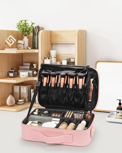 Makeup Bag Travel Makeup Train Case Large Cosmetic Case Professional Portable Makeup Brush Holder Organizer and Storage with Adjustable Dividers and Shoulder Strap Black