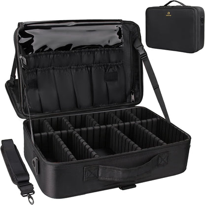 Makeup Bag Travel Makeup Train Case Large Cosmetic Case Professional Portable Makeup Brush Holder Organizer and Storage with Adjustable Dividers and Shoulder Strap Black