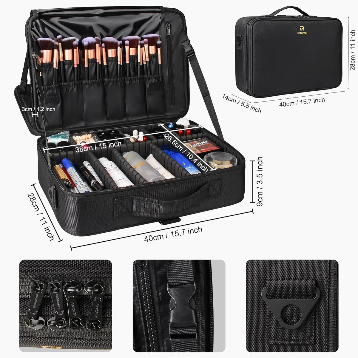 Makeup Bag Travel Makeup Train Case Large Cosmetic Case Professional Portable Makeup Brush Holder Organizer and Storage with Adjustable Dividers and Shoulder Strap Black