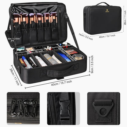 Makeup Bag Travel Makeup Train Case Large Cosmetic Case Professional Portable Makeup Brush Holder Organizer and Storage with Adjustable Dividers and Shoulder Strap Black