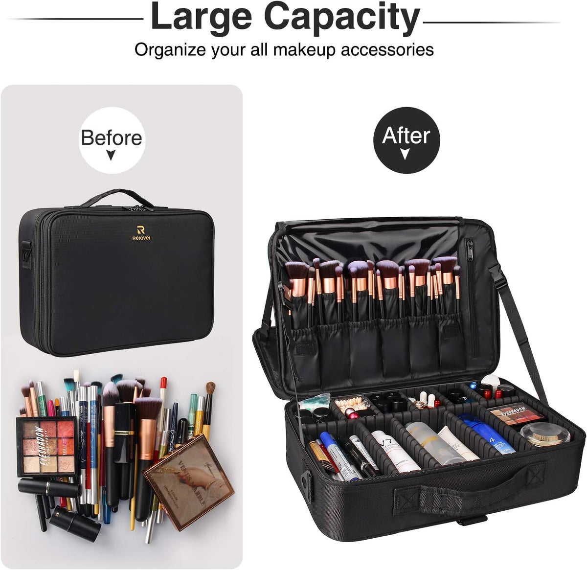 Makeup Bag Travel Makeup Train Case Large Cosmetic Case Professional Portable Makeup Brush Holder Organizer and Storage with Adjustable Dividers and Shoulder Strap Black