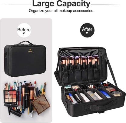 Makeup Bag Travel Makeup Train Case Large Cosmetic Case Professional Portable Makeup Brush Holder Organizer and Storage with Adjustable Dividers and Shoulder Strap Black