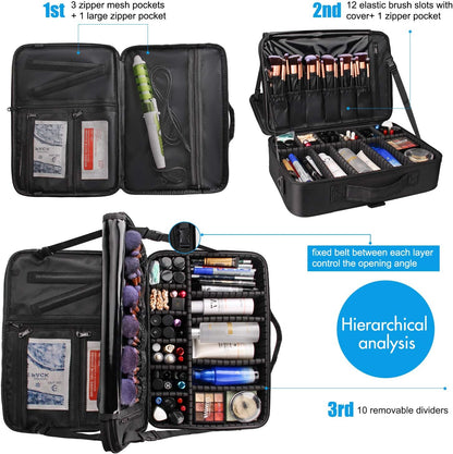 Makeup Bag Travel Makeup Train Case Large Cosmetic Case Professional Portable Makeup Brush Holder Organizer and Storage with Adjustable Dividers and Shoulder Strap Black