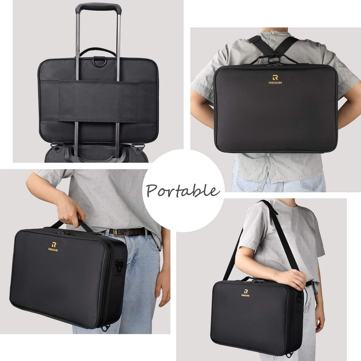 Makeup Bag Travel Makeup Train Case Large Cosmetic Case Professional Portable Makeup Brush Holder Organizer and Storage with Adjustable Dividers and Shoulder Strap Black