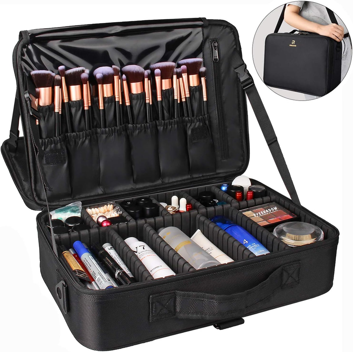 Makeup Bag Travel Makeup Train Case Large Cosmetic Case Professional Portable Makeup Brush Holder Organizer and Storage with Adjustable Dividers and Shoulder Strap Black
