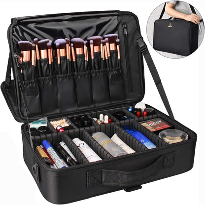 Makeup Bag Travel Makeup Train Case Large Cosmetic Case Professional Portable Makeup Brush Holder Organizer and Storage with Adjustable Dividers and Shoulder Strap Black