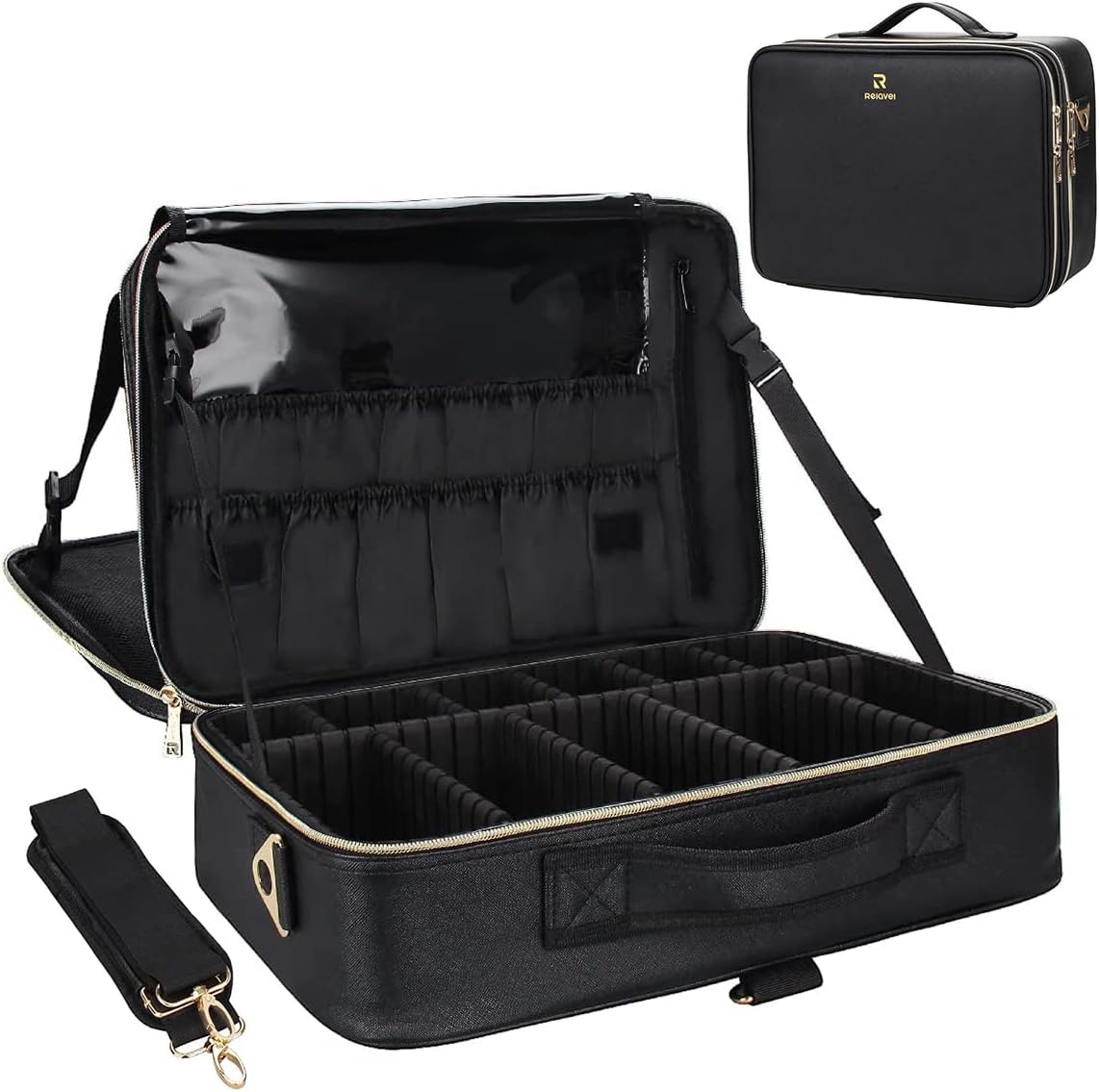 Makeup Bag Travel Makeup Train Case Large Cosmetic Case Professional Portable Makeup Brush Holder Organizer and Storage with Adjustable Dividers and Shoulder Strap Black