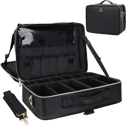Makeup Bag Travel Makeup Train Case Large Cosmetic Case Professional Portable Makeup Brush Holder Organizer and Storage with Adjustable Dividers and Shoulder Strap Black