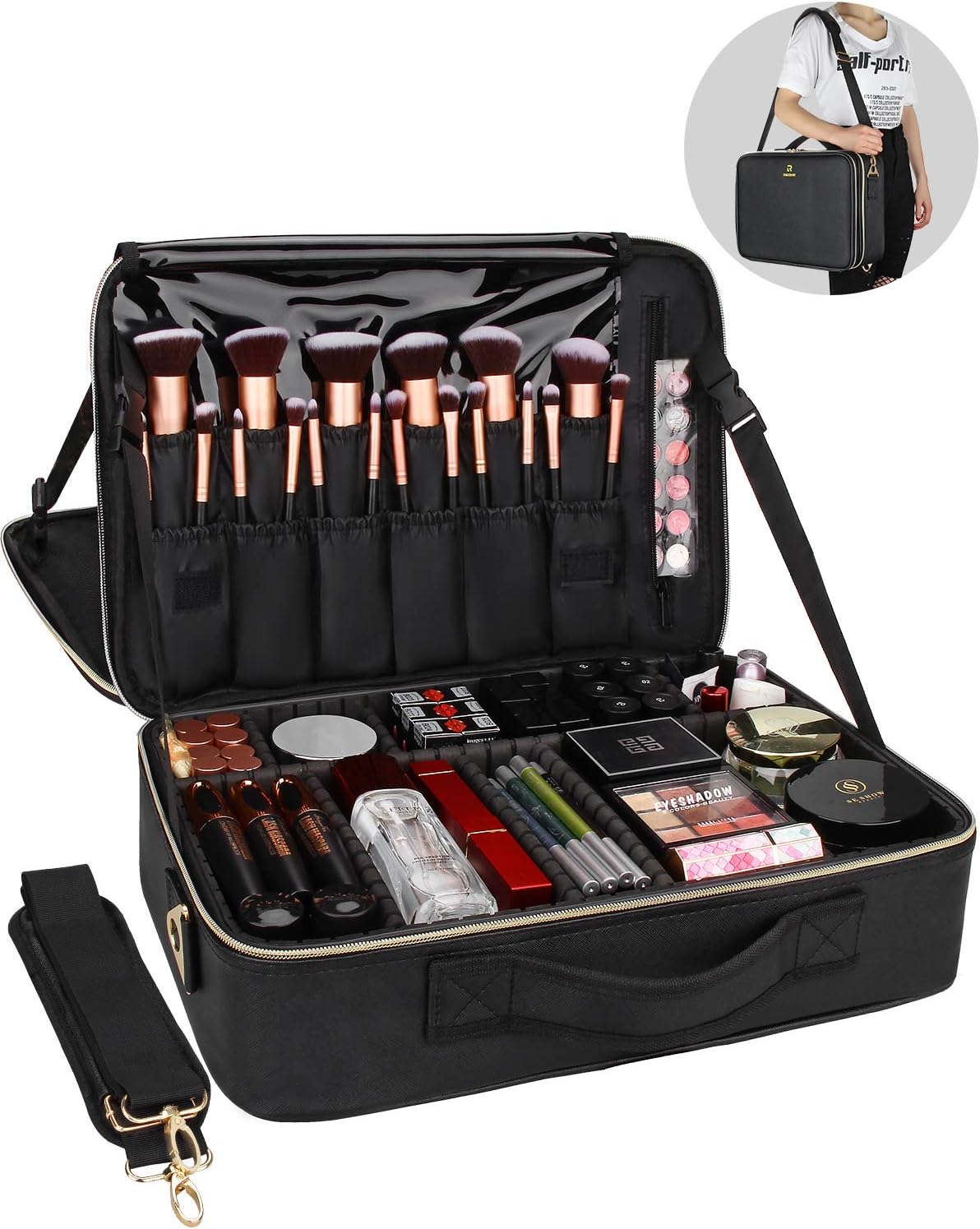Makeup Bag Travel Makeup Train Case Large Cosmetic Case Professional Portable Makeup Brush Holder Organizer and Storage with Adjustable Dividers and Shoulder Strap Black
