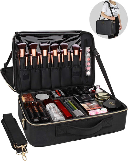 Makeup Bag Travel Makeup Train Case Large Cosmetic Case Professional Portable Makeup Brush Holder Organizer and Storage with Adjustable Dividers and Shoulder Strap Black