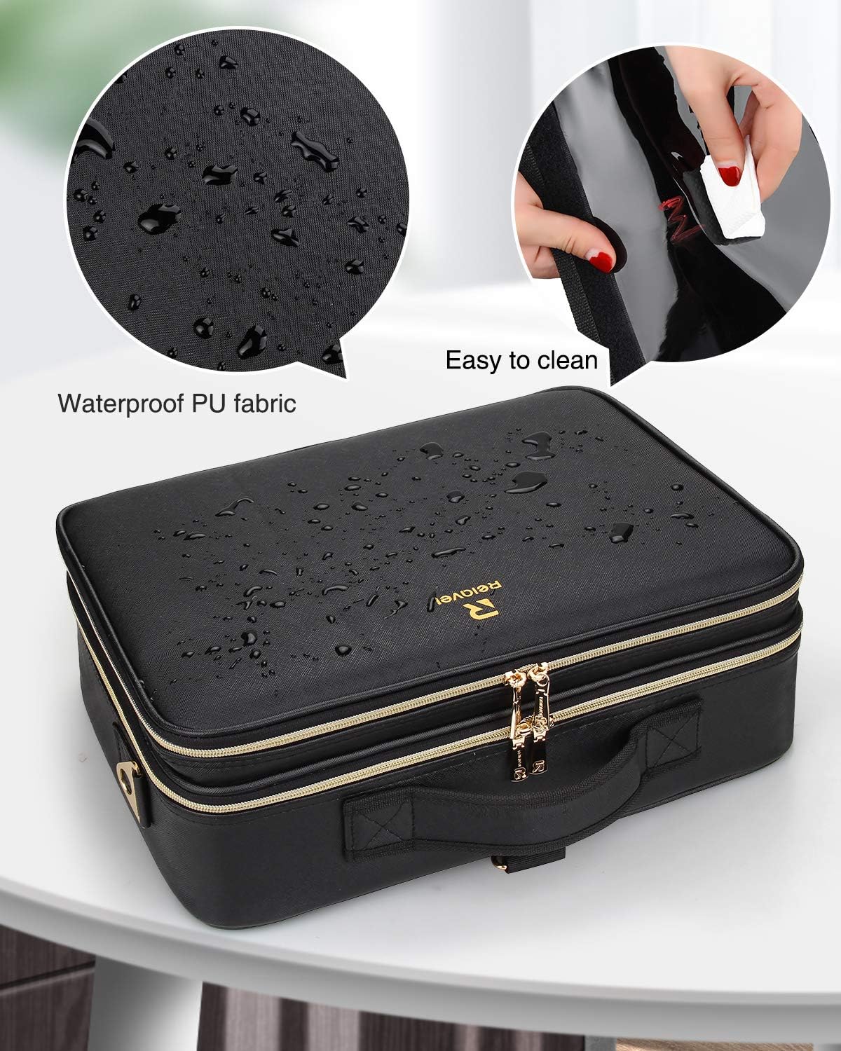 Makeup Bag Travel Makeup Train Case Large Cosmetic Case Professional Portable Makeup Brush Holder Organizer and Storage with Adjustable Dividers and Shoulder Strap Black