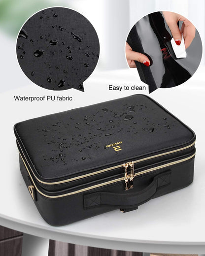 Makeup Bag Travel Makeup Train Case Large Cosmetic Case Professional Portable Makeup Brush Holder Organizer and Storage with Adjustable Dividers and Shoulder Strap Black