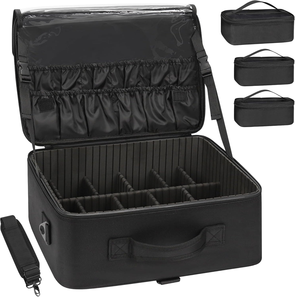 Makeup Bag Travel Makeup Train Case Large Cosmetic Case Professional Portable Makeup Brush Holder Organizer and Storage with Adjustable Dividers and Shoulder Strap Black