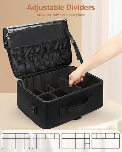 Makeup Bag Travel Makeup Train Case Large Cosmetic Case Professional Portable Makeup Brush Holder Organizer and Storage with Adjustable Dividers and Shoulder Strap Black