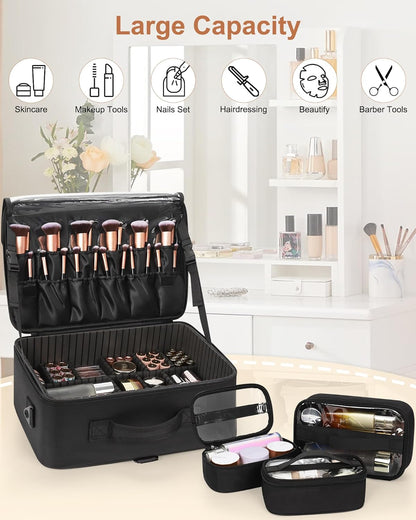 Makeup Bag Travel Makeup Train Case Large Cosmetic Case Professional Portable Makeup Brush Holder Organizer and Storage with Adjustable Dividers and Shoulder Strap Black