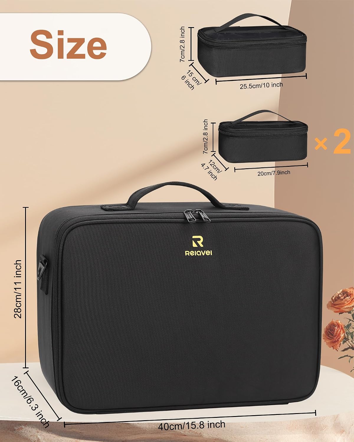 Makeup Bag Travel Makeup Train Case Large Cosmetic Case Professional Portable Makeup Brush Holder Organizer and Storage with Adjustable Dividers and Shoulder Strap Black