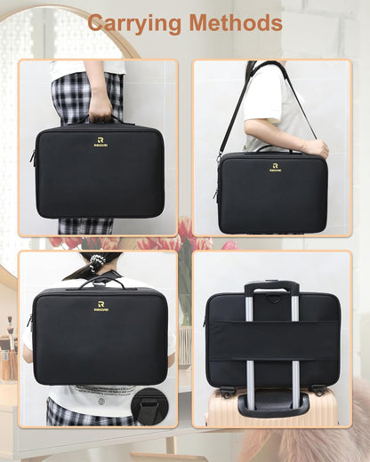 Makeup Bag Travel Makeup Train Case Large Cosmetic Case Professional Portable Makeup Brush Holder Organizer and Storage with Adjustable Dividers and Shoulder Strap Black