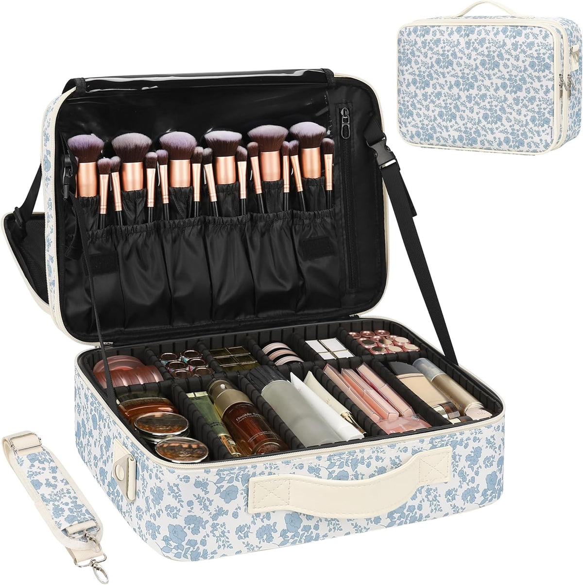 Makeup Bag Travel Makeup Train Case Large Cosmetic Case Professional Portable Makeup Brush Holder Organizer and Storage with Adjustable Dividers and Shoulder Strap Black