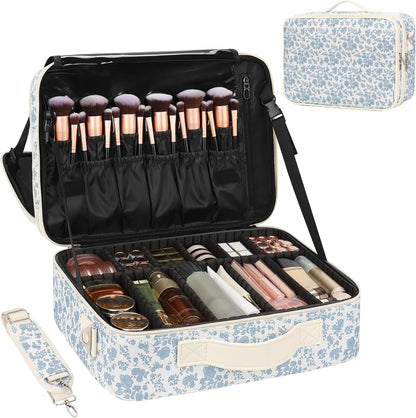 Makeup Bag Travel Makeup Train Case Large Cosmetic Case Professional Portable Makeup Brush Holder Organizer and Storage with Adjustable Dividers and Shoulder Strap Black