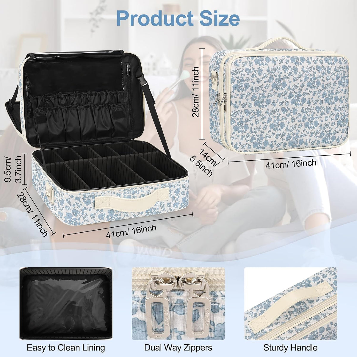 Makeup Bag Travel Makeup Train Case Large Cosmetic Case Professional Portable Makeup Brush Holder Organizer and Storage with Adjustable Dividers and Shoulder Strap Black