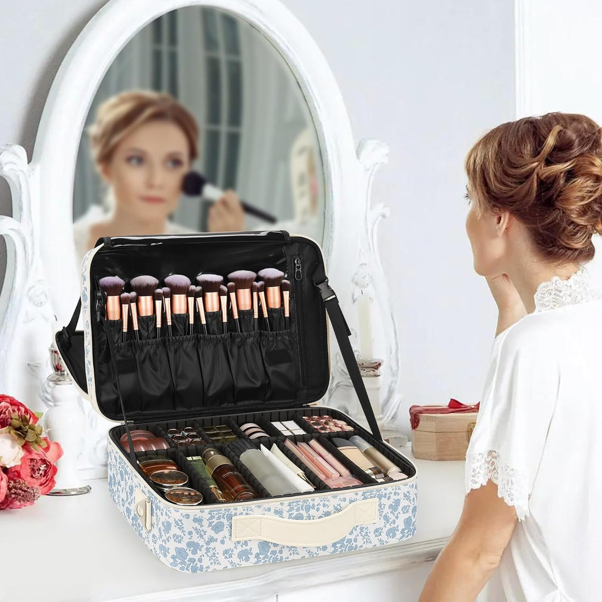 Makeup Bag Travel Makeup Train Case Large Cosmetic Case Professional Portable Makeup Brush Holder Organizer and Storage with Adjustable Dividers and Shoulder Strap Black