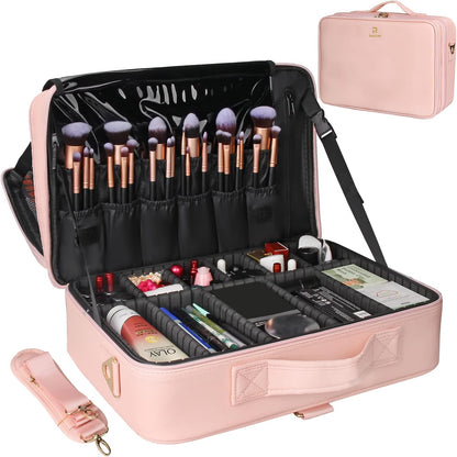 Makeup Bag Travel Makeup Train Case Large Cosmetic Case Professional Portable Makeup Brush Holder Organizer and Storage with Adjustable Dividers and Shoulder Strap Black