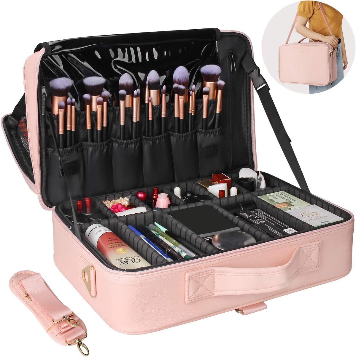 Makeup Bag Travel Makeup Train Case Large Cosmetic Case Professional Portable Makeup Brush Holder Organizer and Storage with Adjustable Dividers and Shoulder Strap Black