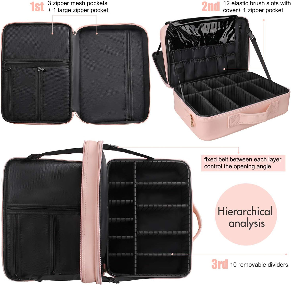 Makeup Bag Travel Makeup Train Case Large Cosmetic Case Professional Portable Makeup Brush Holder Organizer and Storage with Adjustable Dividers and Shoulder Strap Black