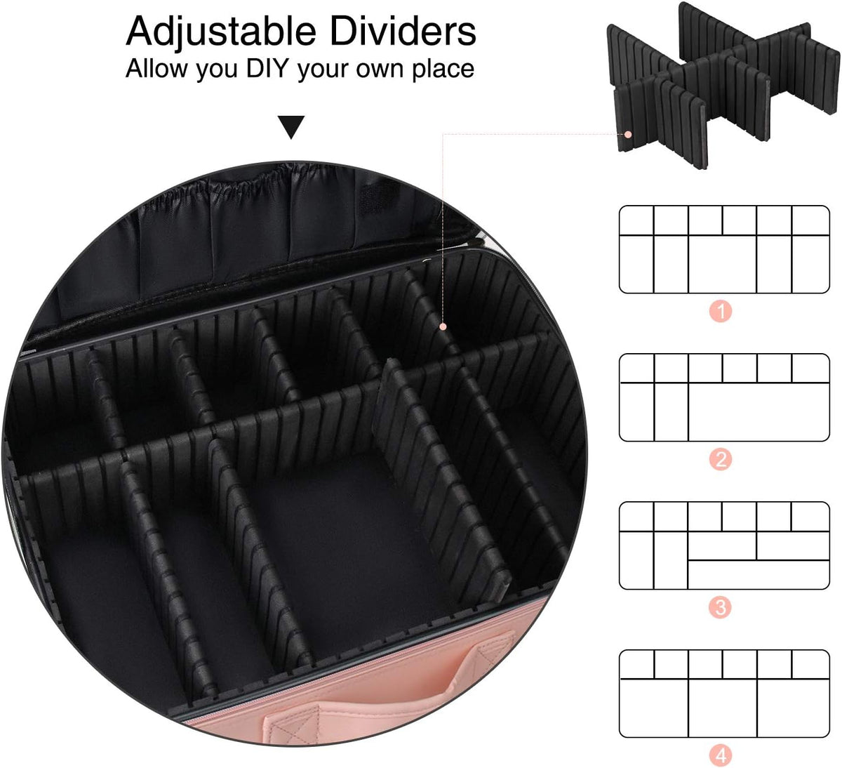 Makeup Bag Travel Makeup Train Case Large Cosmetic Case Professional Portable Makeup Brush Holder Organizer and Storage with Adjustable Dividers and Shoulder Strap Black