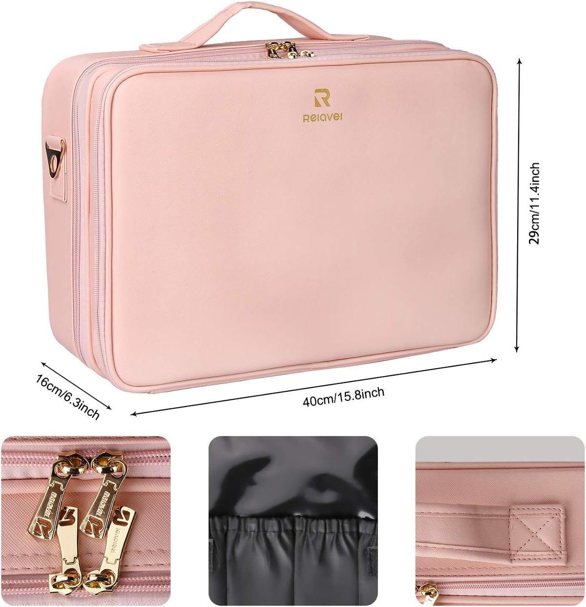 Makeup Bag Travel Makeup Train Case Large Cosmetic Case Professional Portable Makeup Brush Holder Organizer and Storage with Adjustable Dividers and Shoulder Strap Black