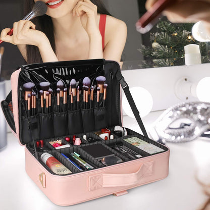 Makeup Bag Travel Makeup Train Case Large Cosmetic Case Professional Portable Makeup Brush Holder Organizer and Storage with Adjustable Dividers and Shoulder Strap Black